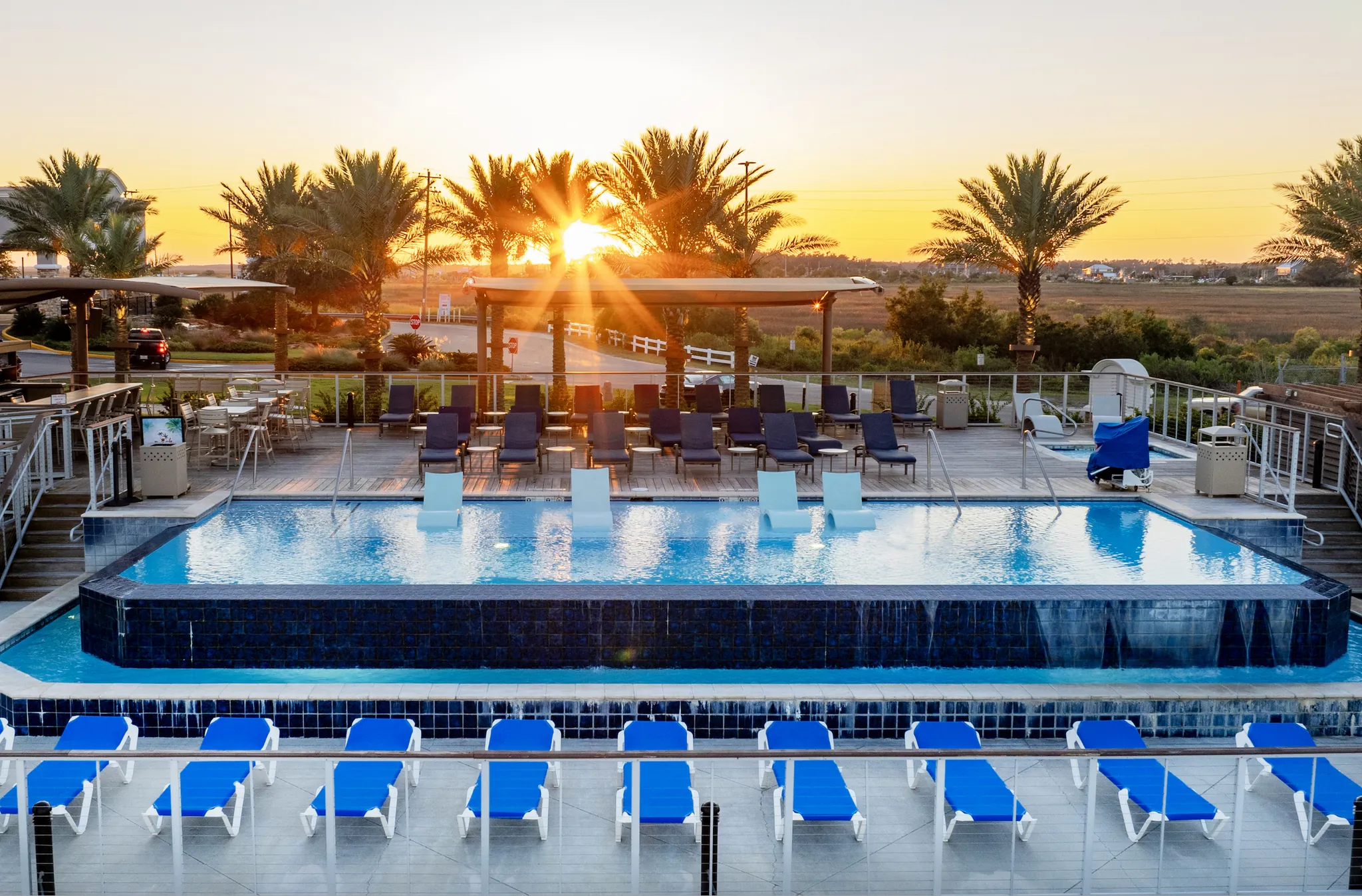 Beachfront infinity pool with lounge chairs and palm trees at Silver Slipper
